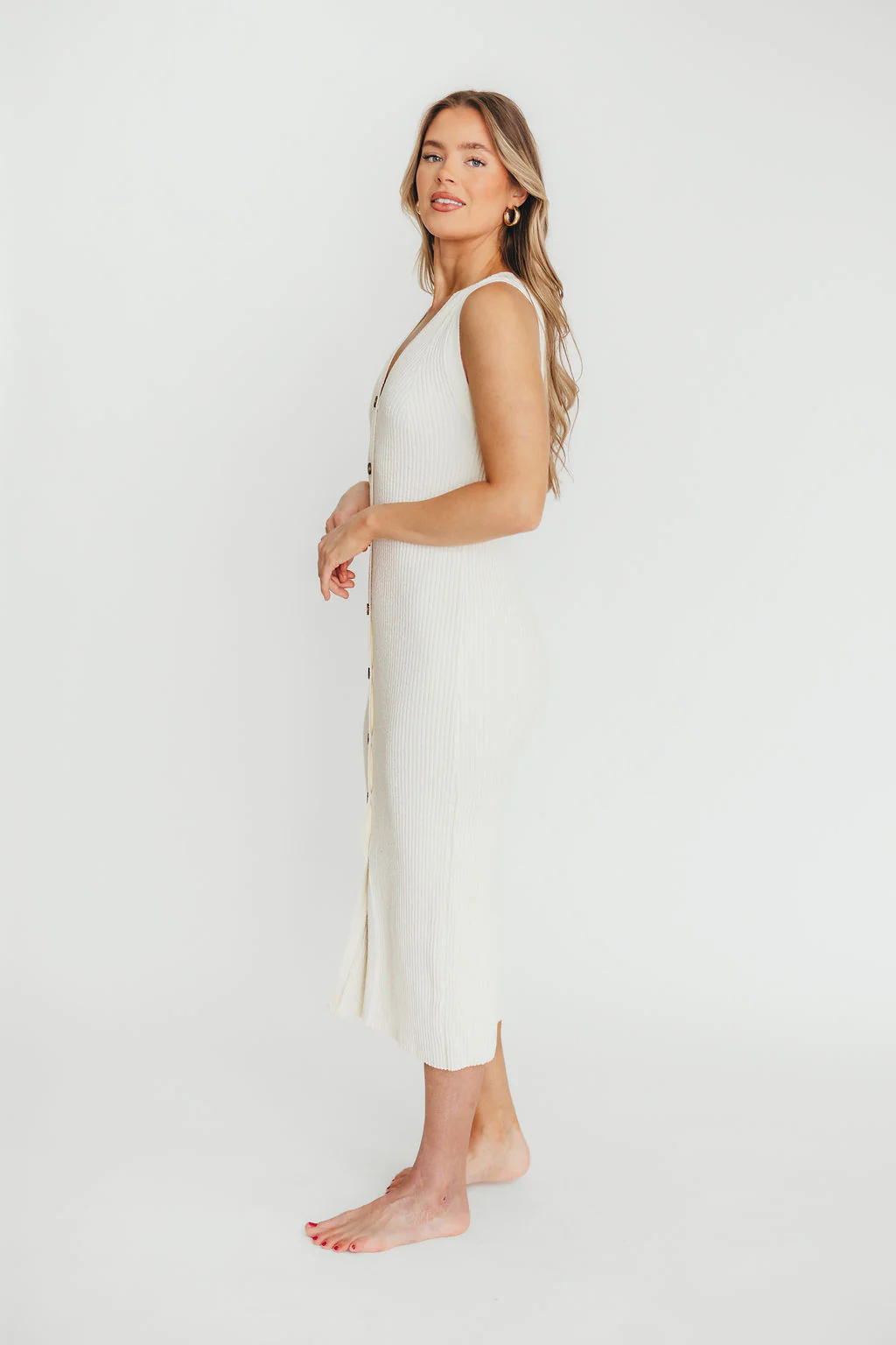 Lelani Button Down Ribbed Knit Midi Dress in White - Nursing Friendly - Fashionser