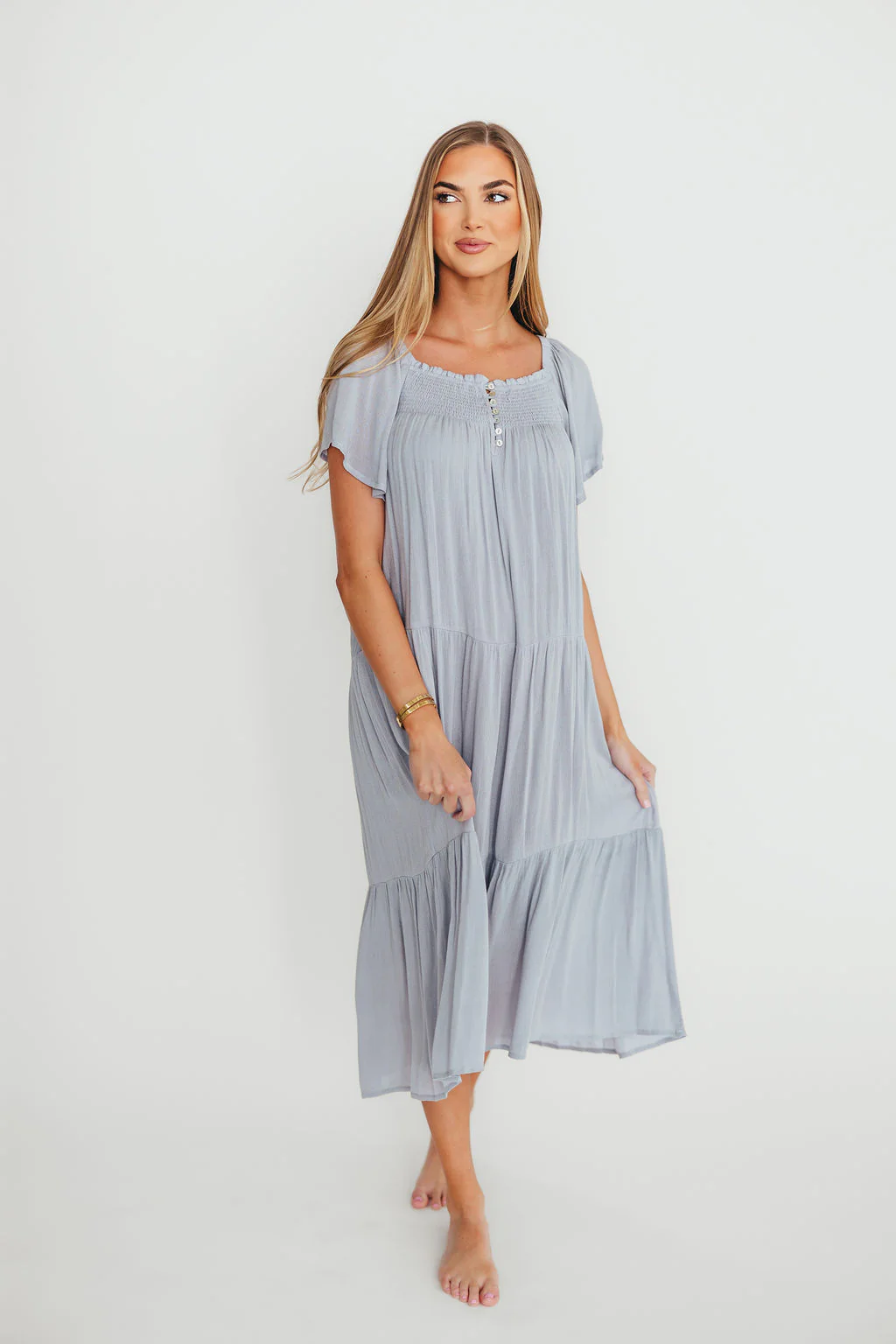 Eloise Flutter Sleeve Midi Dress in Slate - Fashionser