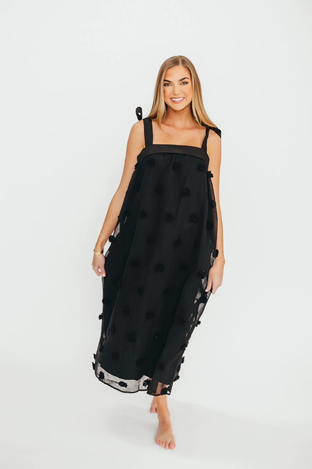 Catalina Blossom Embroidery Tie Strap Midi Dress in Black - Fashionser