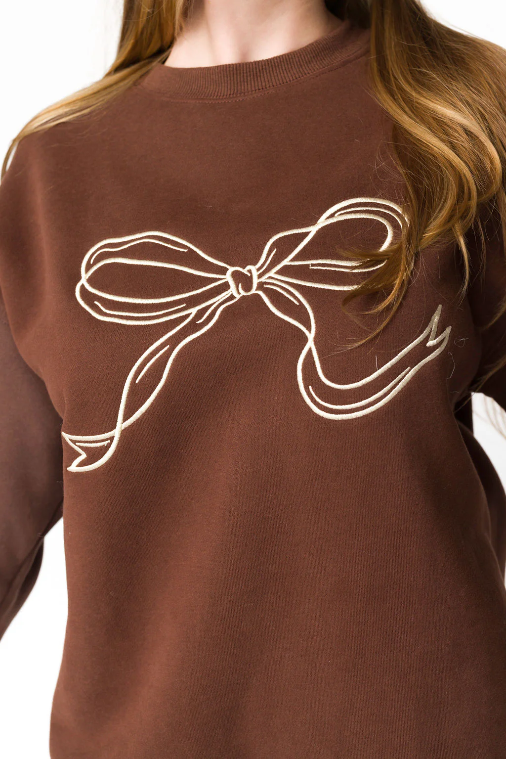 Claire Embroidered Bow Sweatshirt in Chocolate - Fashionser