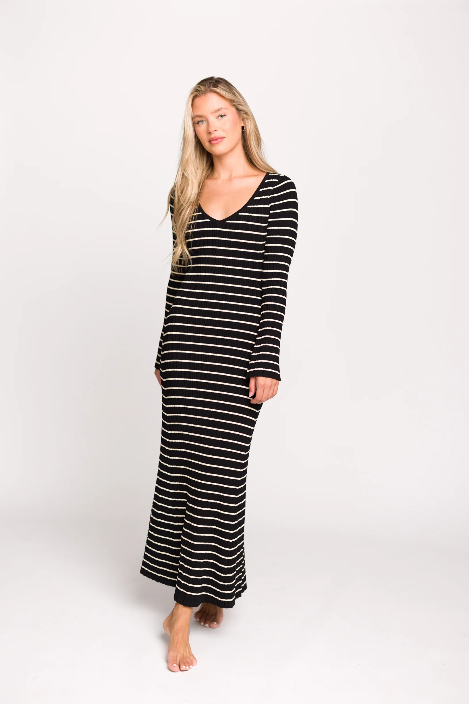 Keaton Knit Maxi Dress with V-Neckline in Black/Cream Stripe - Fashionser
