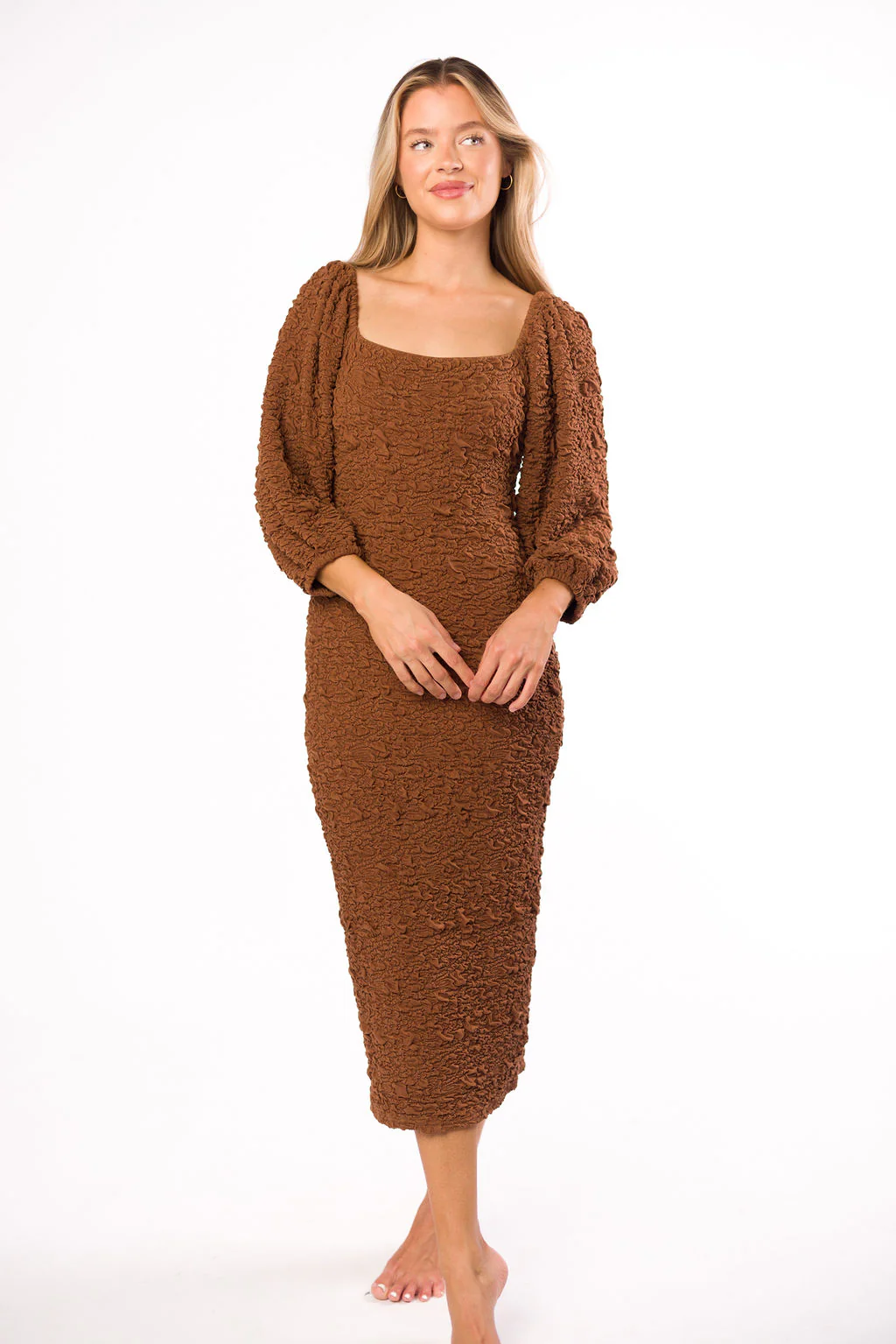 Darcy Square Neck Midi Dress in Brown - Bump Friendly - Fashionser