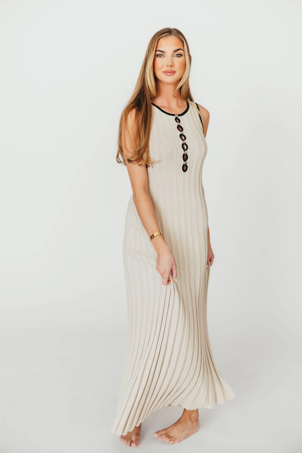 Brianne Button Down Ribbed Knit Maxi Dress in Taupe/Black - Fashionser