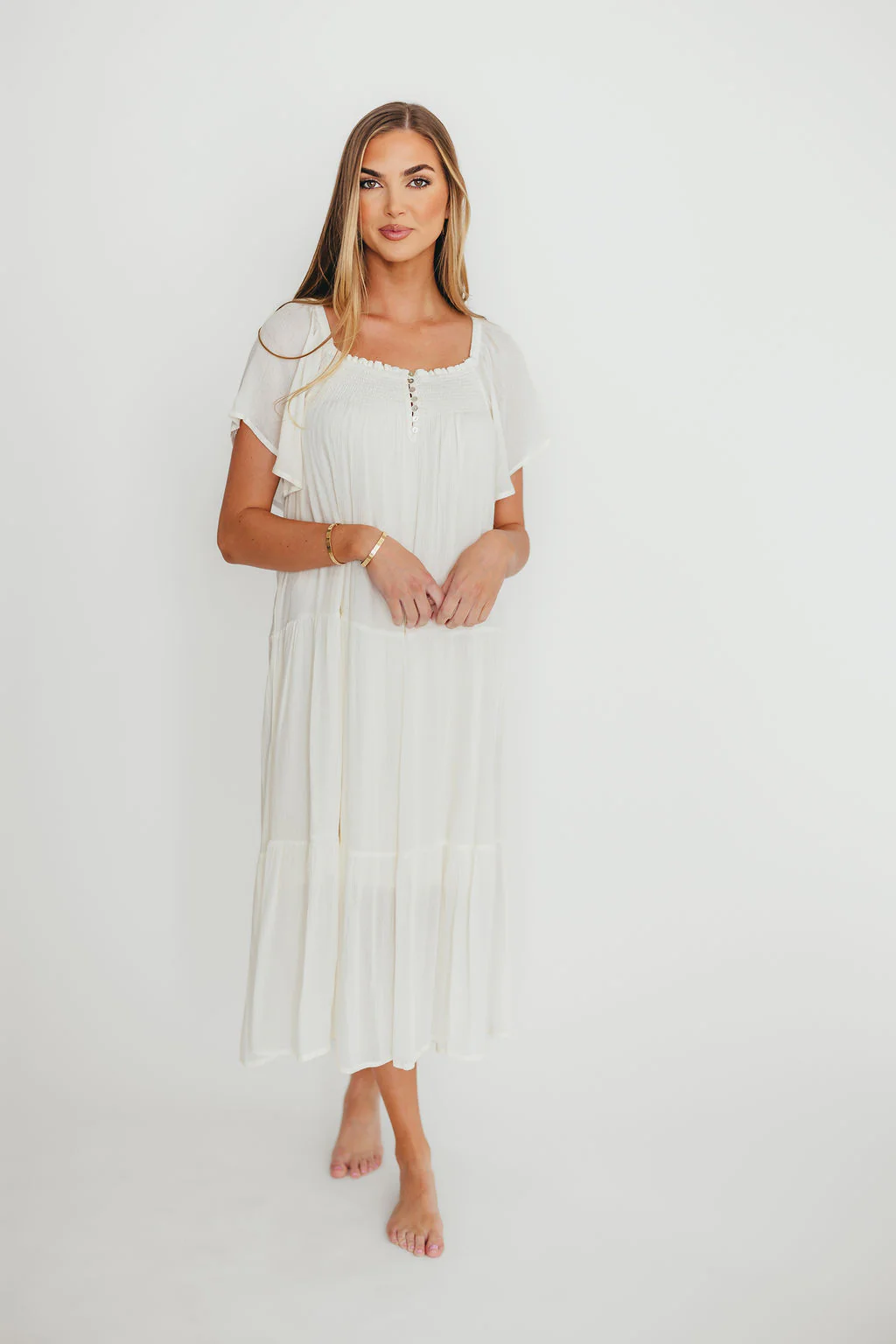 Eloise Flutter Sleeve Midi Dress in Off-White - Fashionser