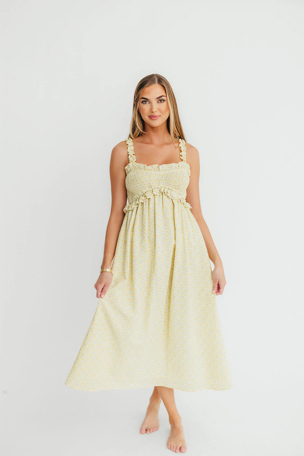 Raya Ruffle Trim Midi Dress in Yellow Floral - Fashionser