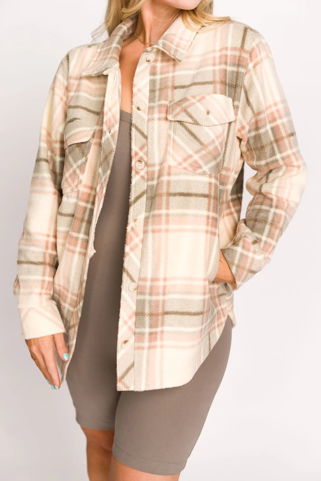 Fall for It Fleece Cozy Shacket in Vanilla Vetiver Plaid - Nursing Friendly - Fashionser