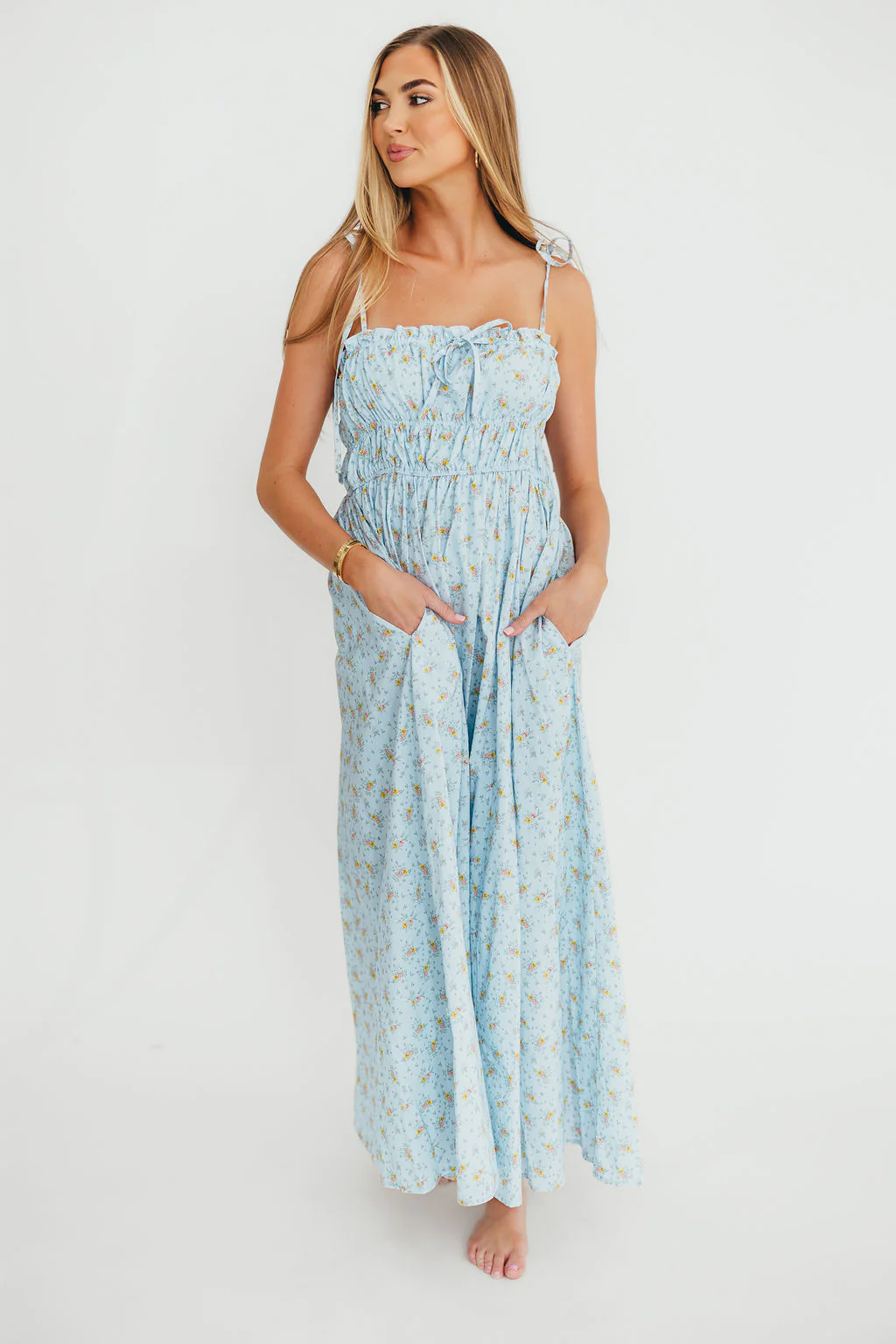 Lila Ruched Floral Maxi Dress in Powder Blue - Fashionser