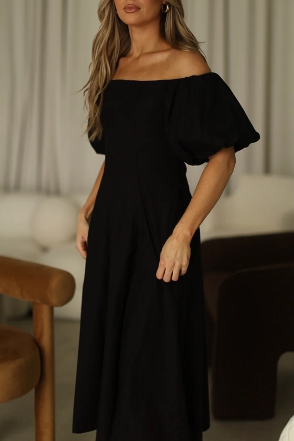 Serenity Off-The-Shoulder Midi Dress in Black - Fashionser