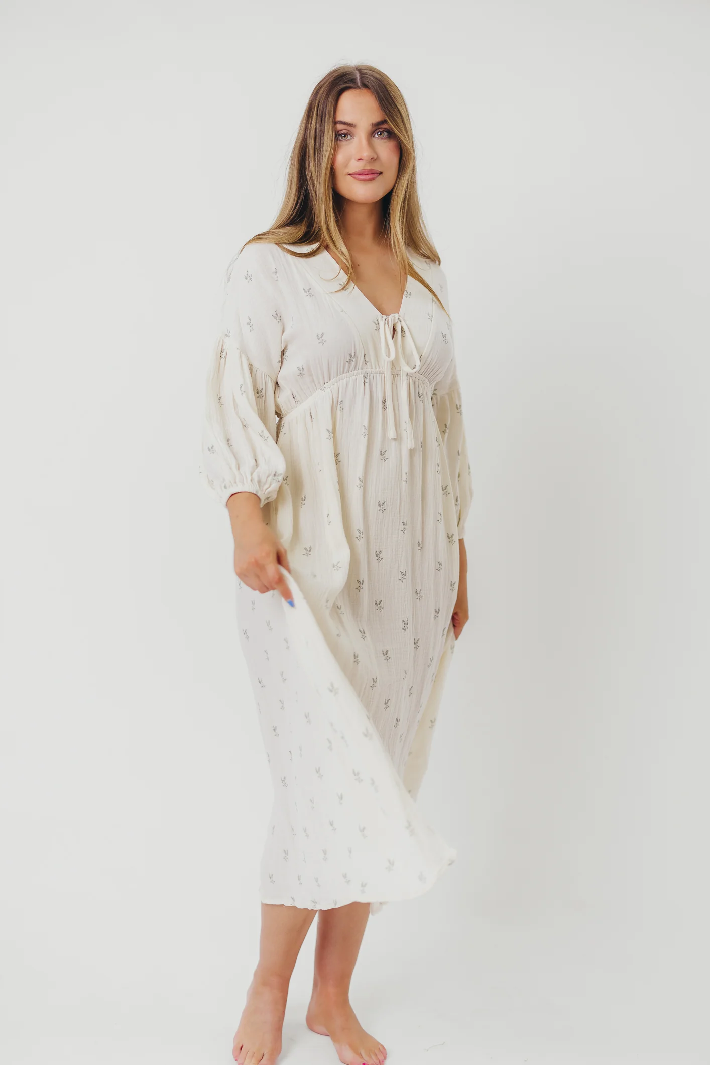 Hunter 100% Cotton Gauze Midi Dress in Soy/Sage Foliage - Bump Friendly and Inclusive Sizing - Fashionser