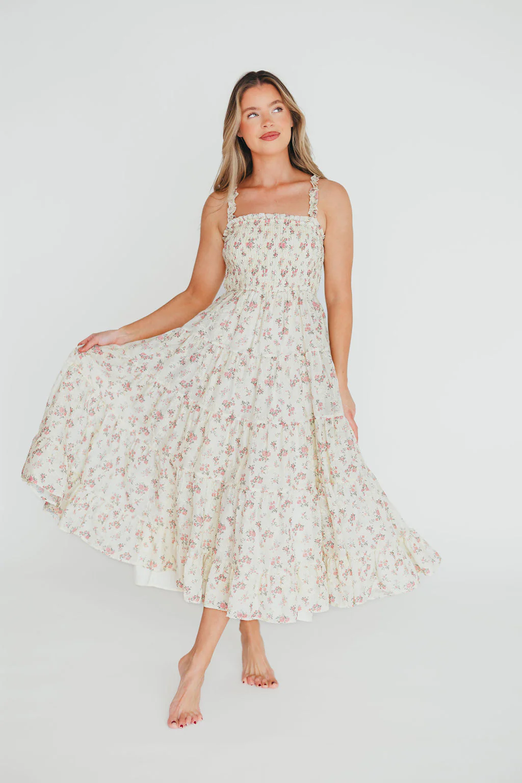 Ryan Ruffle Midi Dress with Embroidered Detail in Cream/Pink Floral - Fashionser