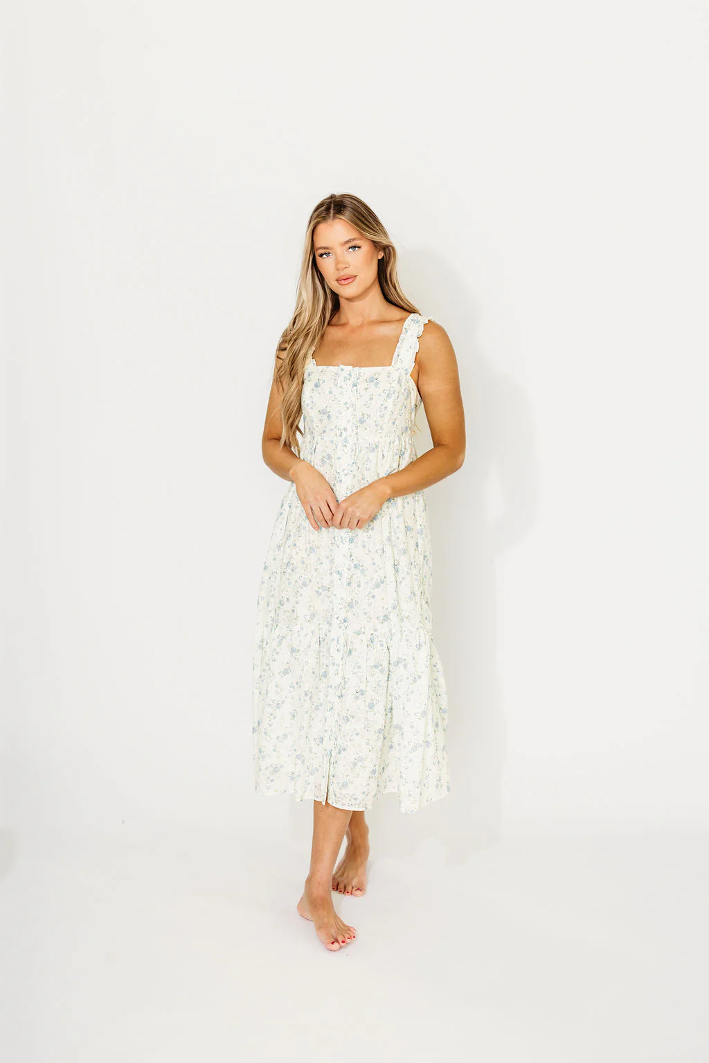 Diana Button-Down Midi Dress in White/Blue Floral - Nursing Friendly - Fashionser
