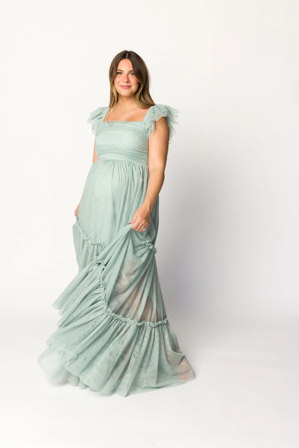 Bella Tiered Tulle Maxi Dress in Sage - Bump Friendly (Final Few) - Fashionser