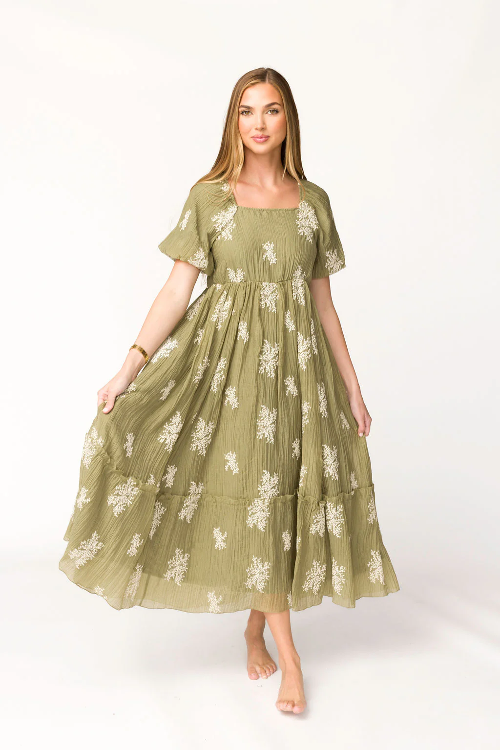 Hallie Embroidered Maxi Dress in Olive - Bump Friendly & Inclusive Sizing (S-3XL) - Fashionser