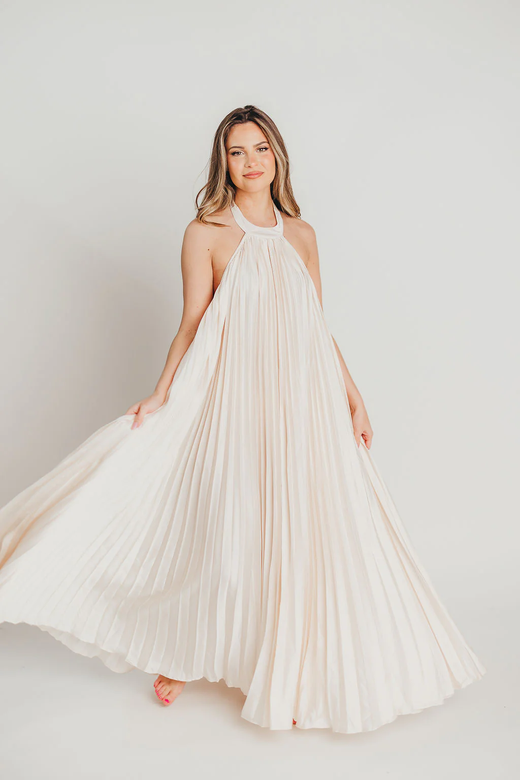 Maren Pleated Halter Maxi Dress in Cream - Bump Friendly - Fashionser