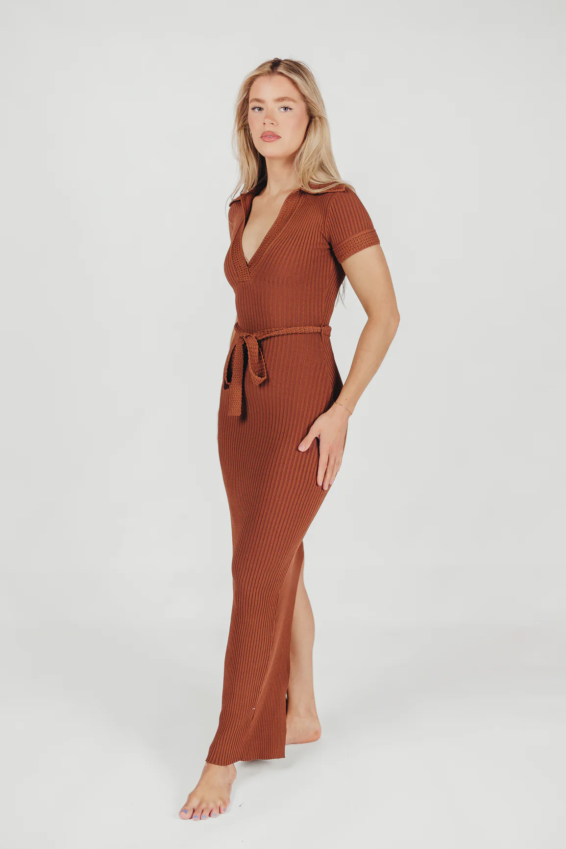 Nina Knit Midi Dress in Brown - Fashionser