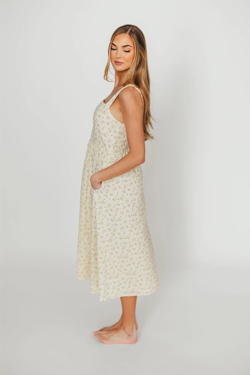 Tinsley 100% Cotton Midi Dress in Cream Floral - Fashionser