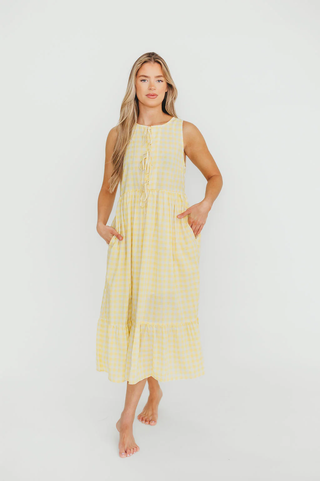 Alana Gingham Ribbon Detail Midi Dress in Butter - Fashionser