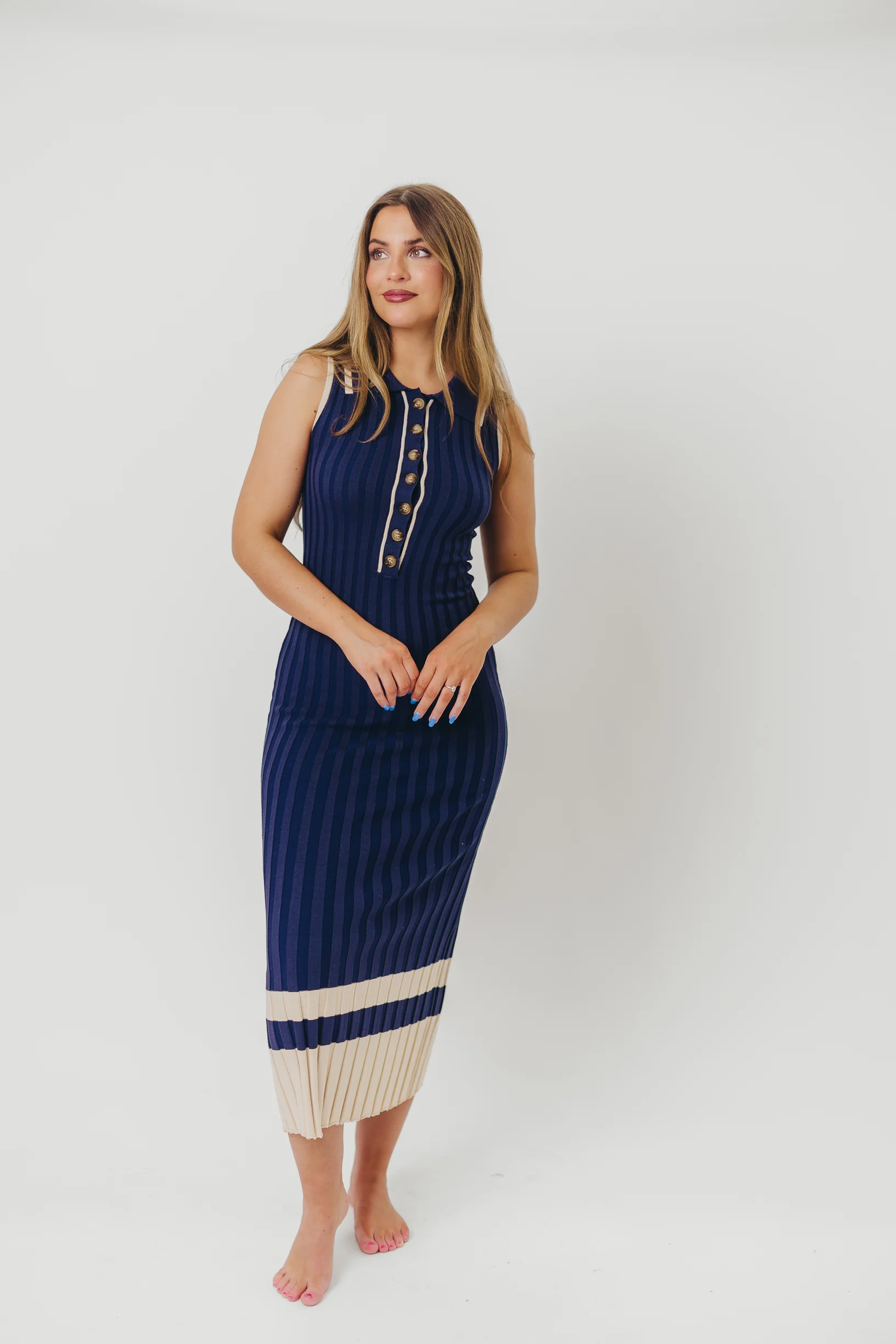Jovie Sleeveless Ribbed Maxi Dress with Buttons in Navy - Fashionser