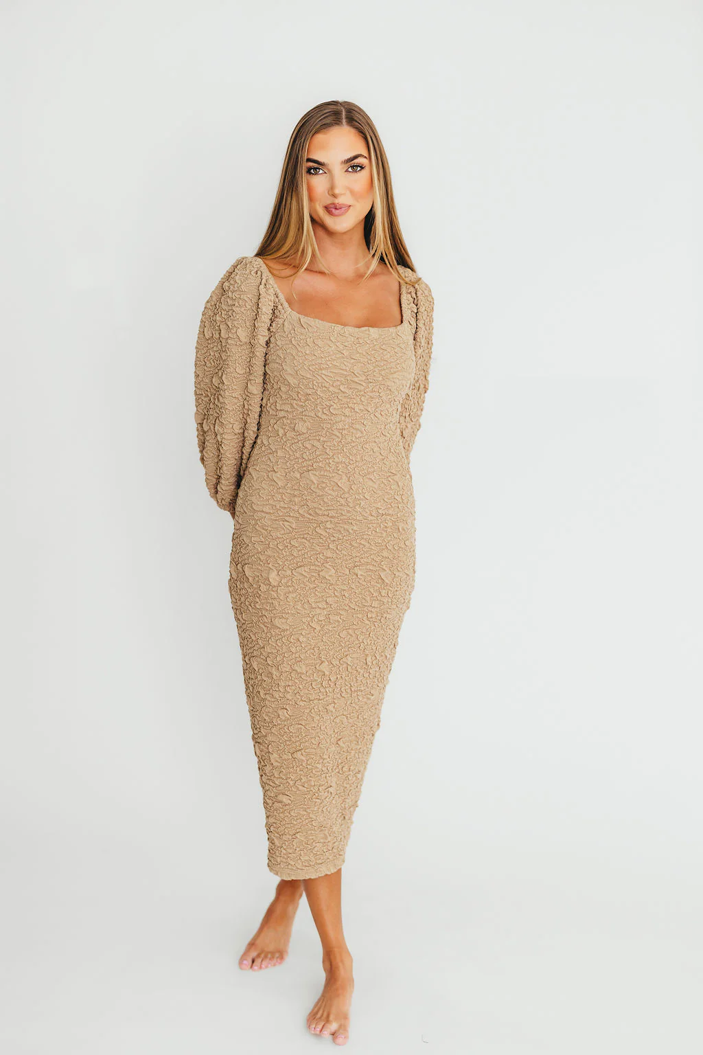 Darcy Square Neck Midi Dress in Taupe - Fashionser