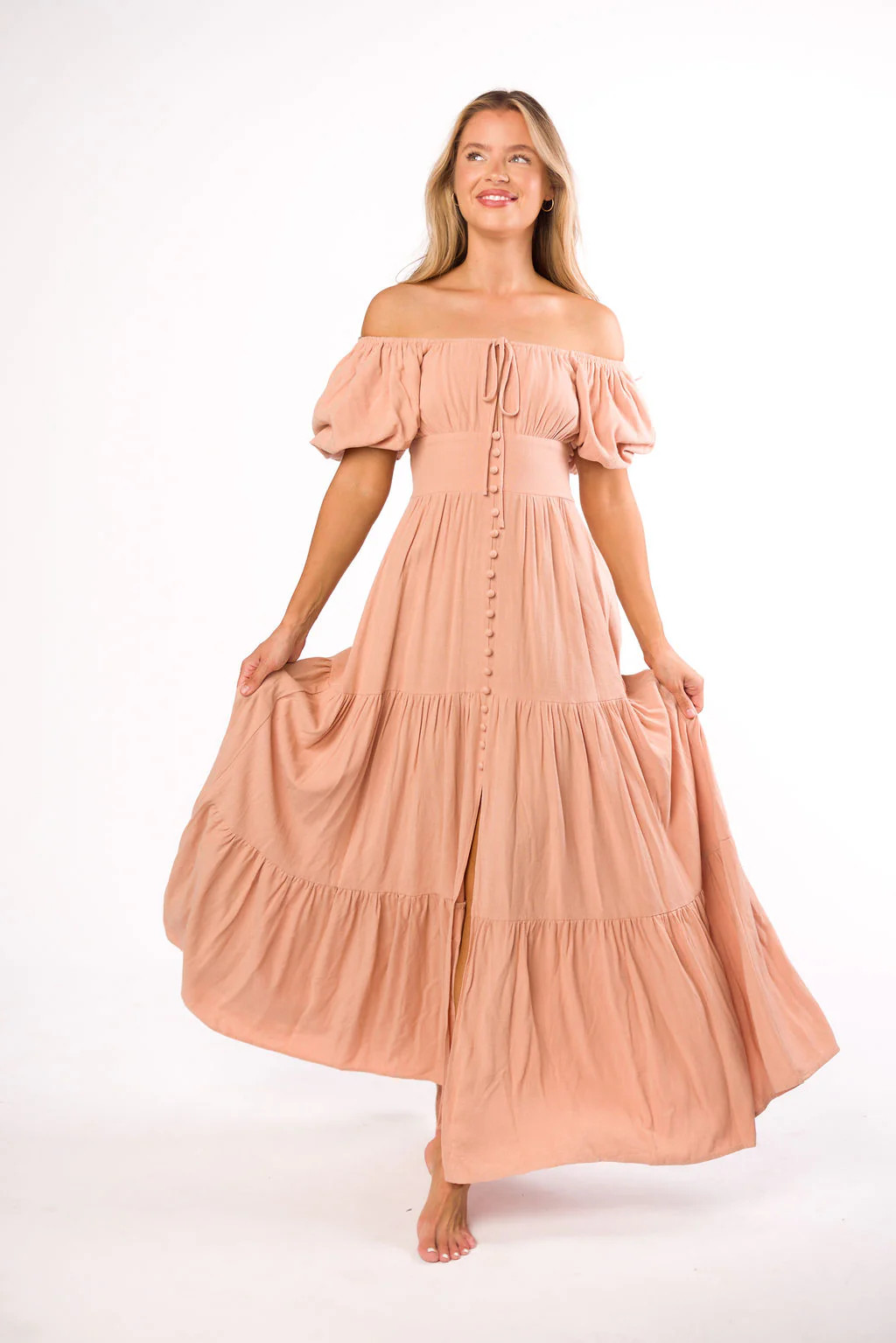 Genevieve Tiered Maxi Dress in Peach Clay - Fashionser
