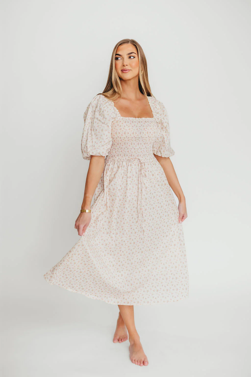 Maeve 100% Cotton Puff Sleeve Midi Dress in Dainty Pink Floral - Fashionser