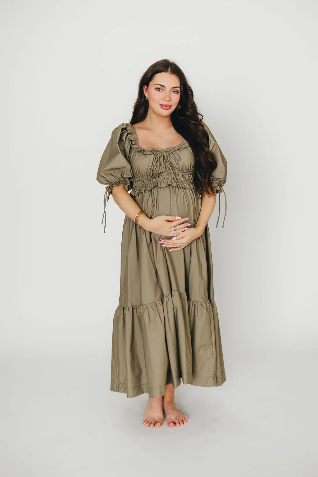 Crissy Ruched Midi Dress in Dusty Olive - Bump Friendly - Fashionser