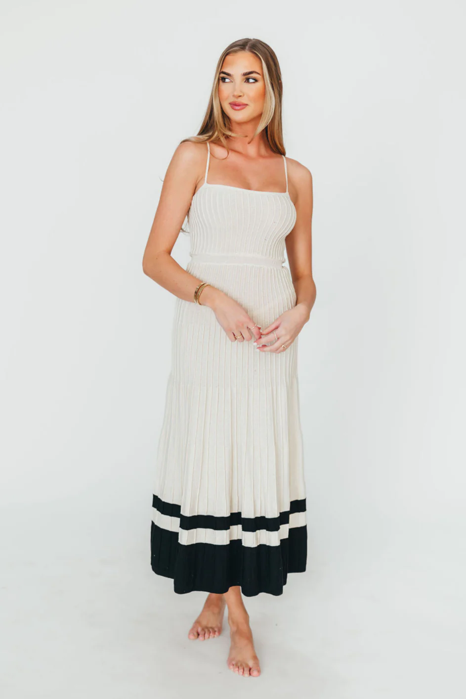 Kenzie Ribbed Dress in Ecru/Black - Fashionser