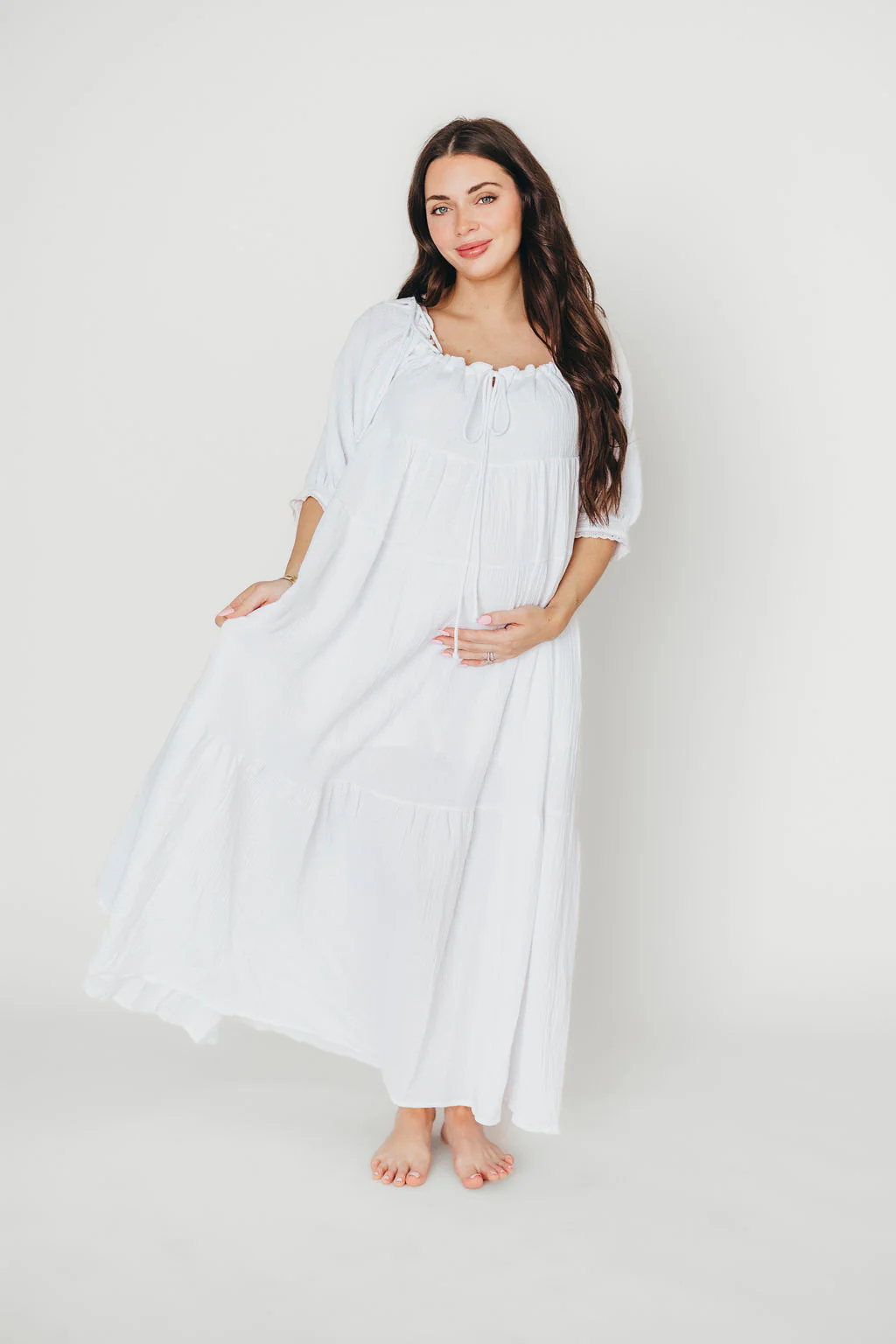 Goddess 100% Cotton Babydoll Maxi Dress in White - Bump Friendly - Fashionser