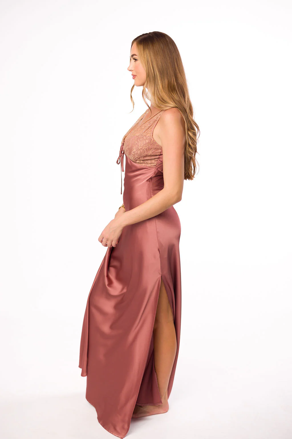 Christina Lace & Satin Contrast Maxi Dress in Blushed Cashmere - Fashionser
