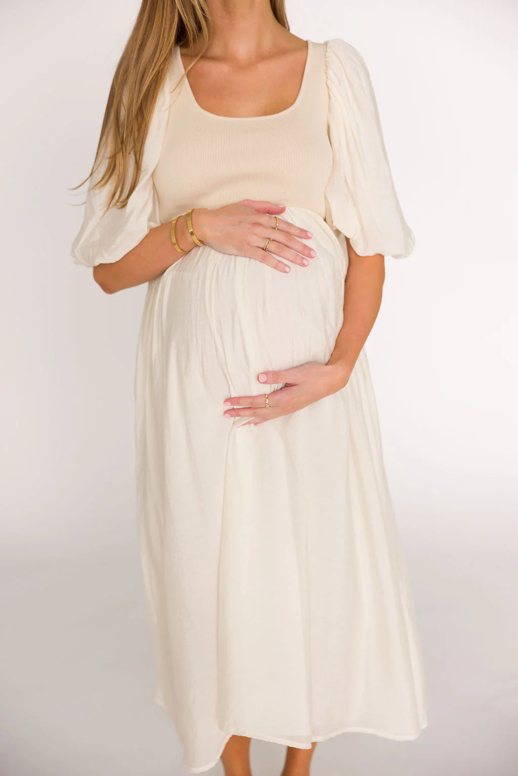 Raina Combination Midi Dress with Puff Sleeves in Natural - Bump Friendly - Fashionser