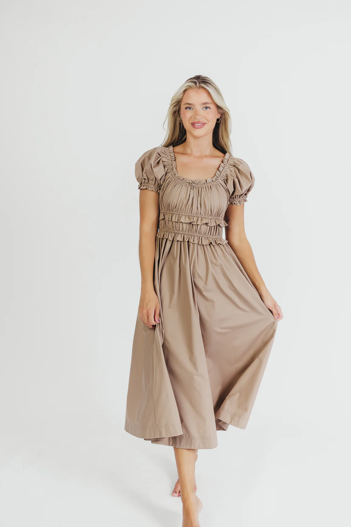 Raquel Cotton-Poplin Midi Dress in Dark Natural - Bump Friendly - Fashionser