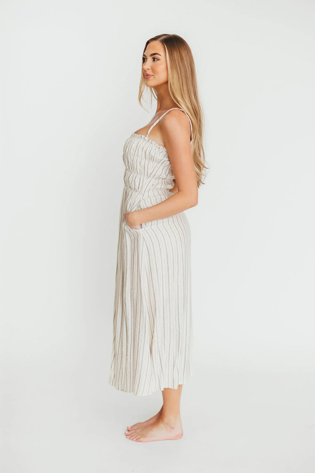 Riley Striped Linen Midi Dress in Ivory - Fashionser
