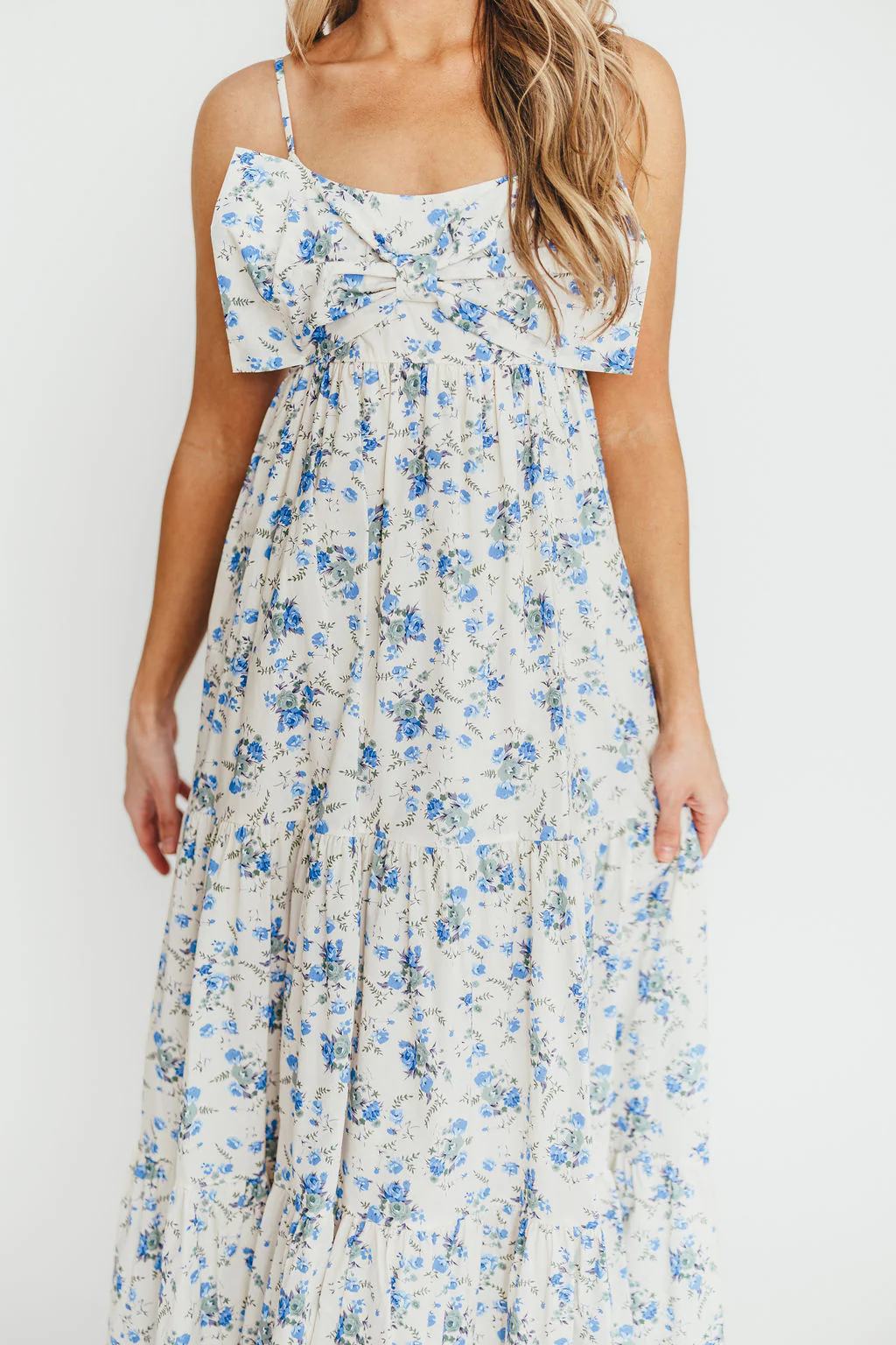 Cecile 100% Cotton Bow Front Maxi Dress in Cream/Blue Floral - Fashionser