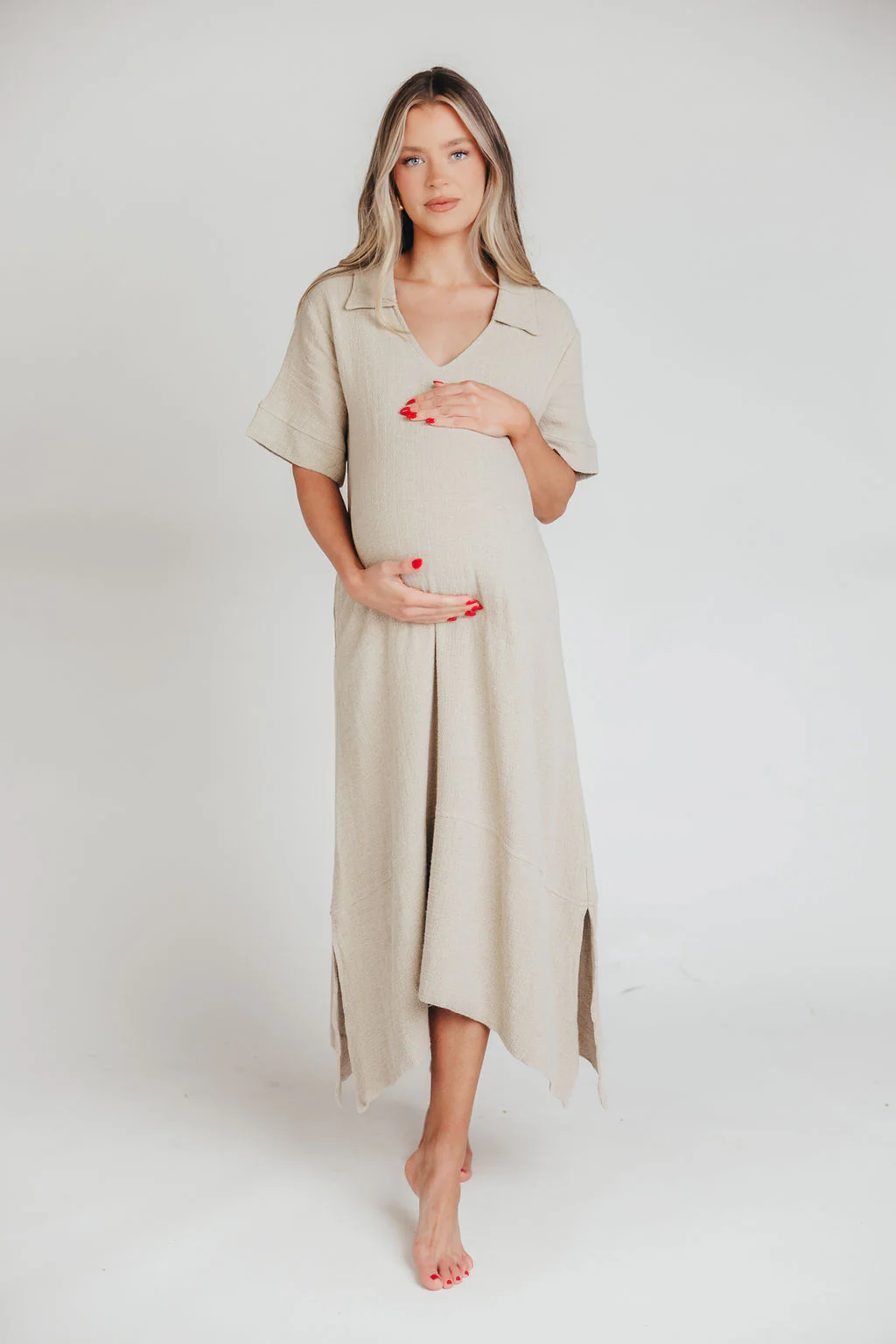 Fallon Linen-Blend Collared Midi Dress in Sand - Bump Friendly - Fashionser