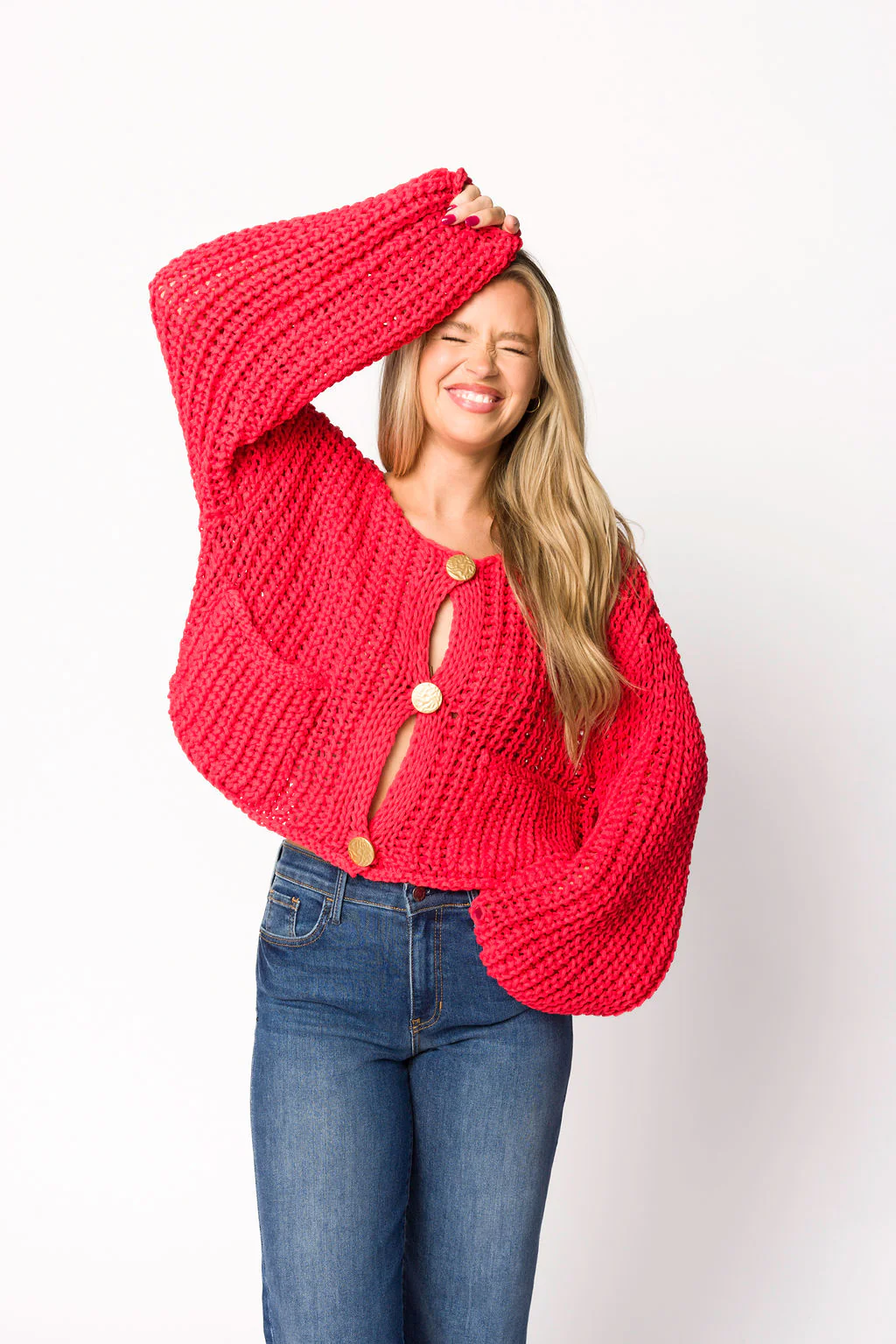 Reina Chunky Knit Cardigan in Red - Fashionser