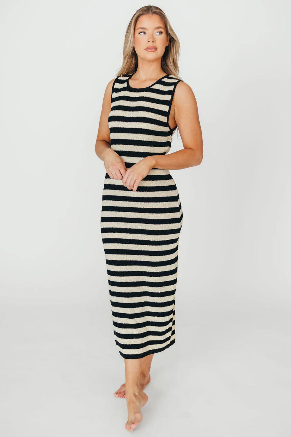 Elsie Knit Midi Dress in Black/Natural Stripe - Fashionser