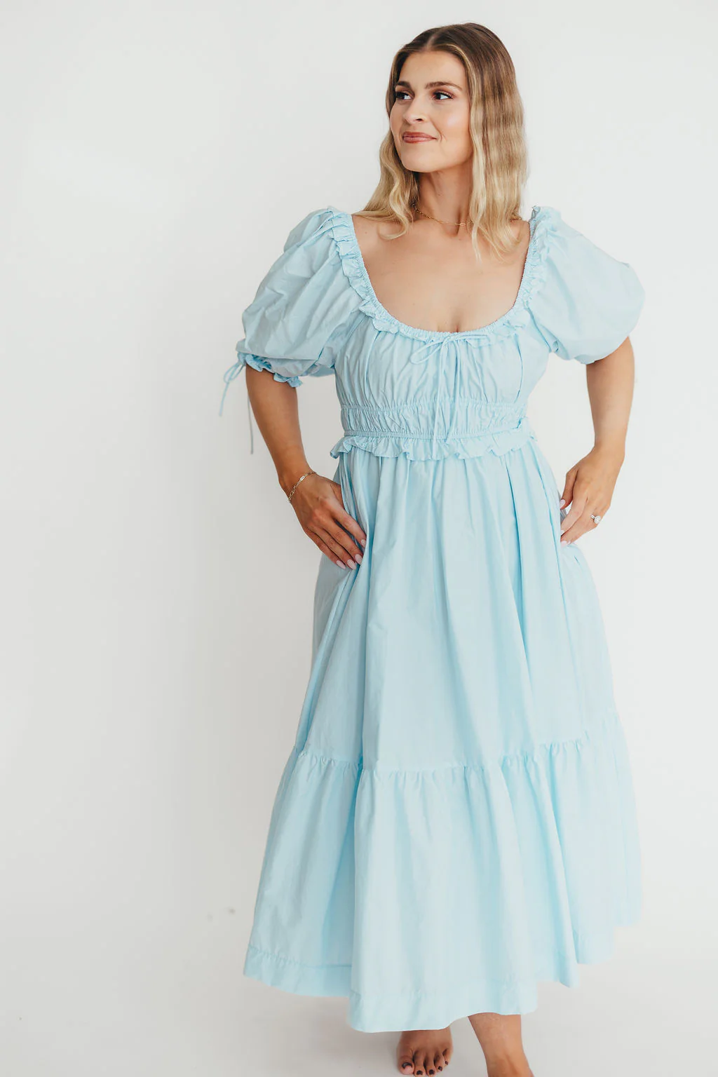 100% Cotton Crissy Ruched Midi Dress in Baby Blue - Bump Friendly - Fashionser