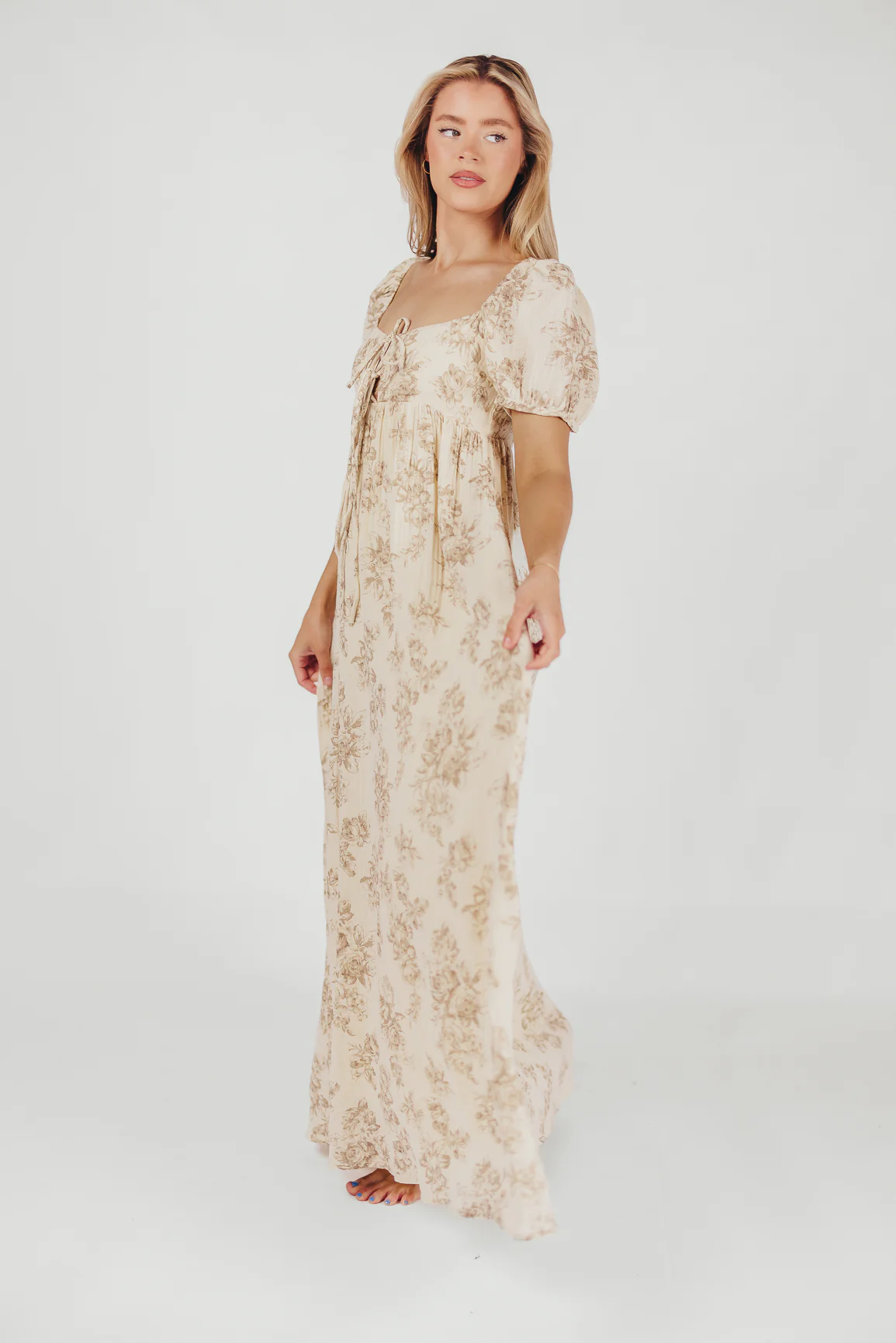 Haven 100% Cotton Tie-Front Maxi Dress in Taupe/Brown Floral - Bump Friendly - Restocking in April - Fashionser