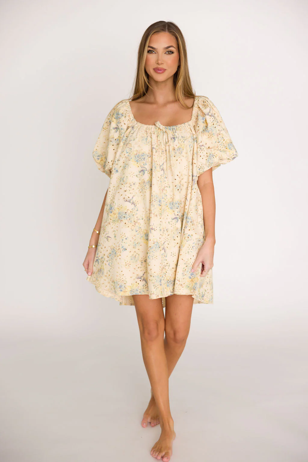 Jennie Floral Print Babydoll Mini Dress in Blue - Fashionser