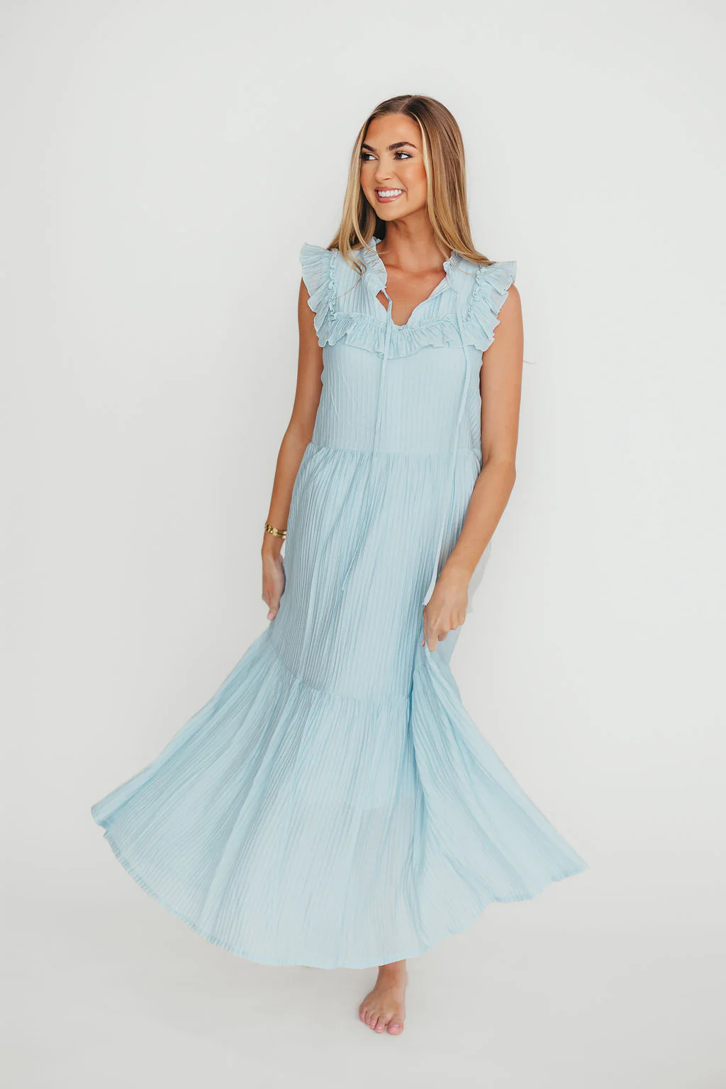 Brynn Ruffle Tiered Midi Dress in Blue - Fashionser