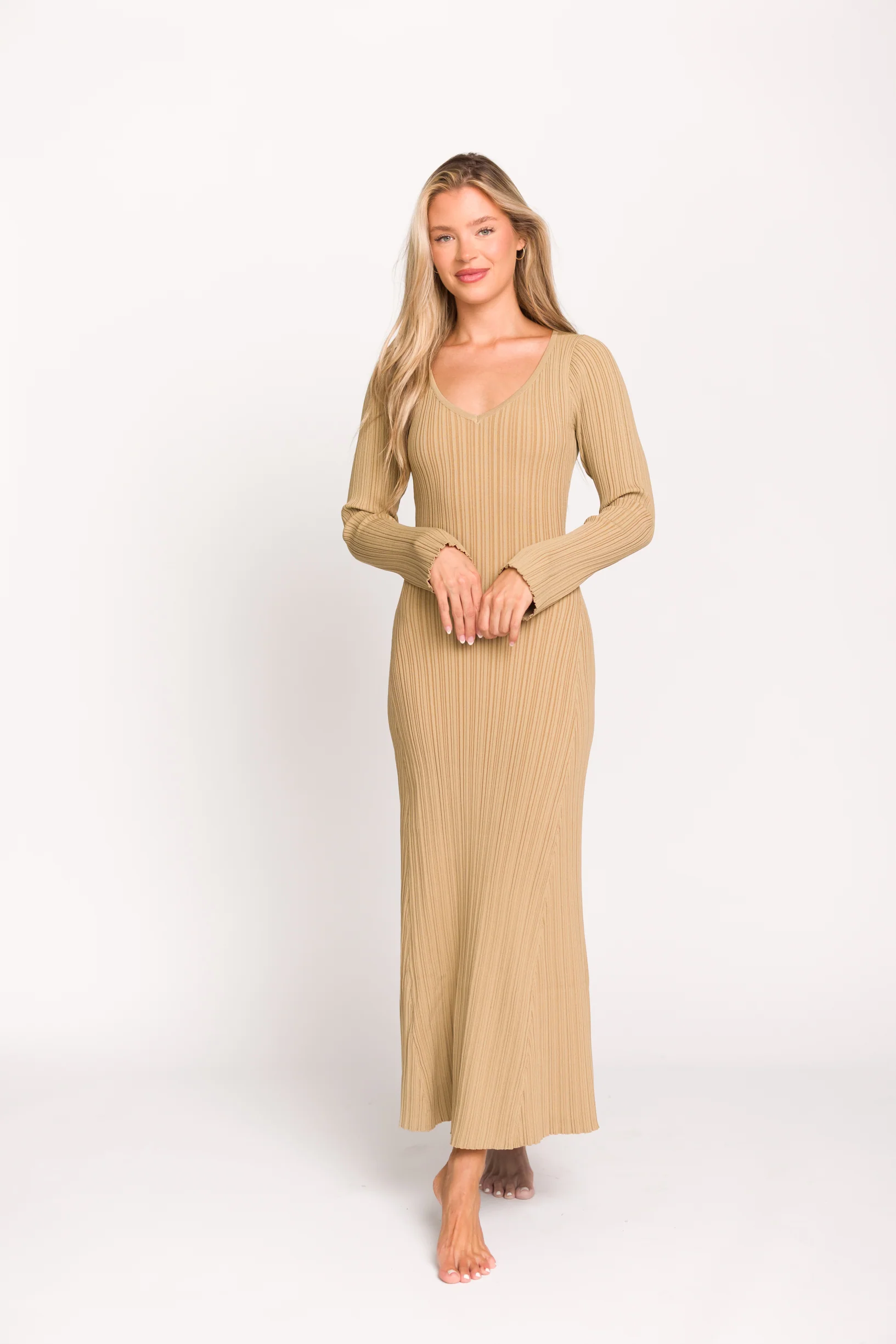 Keaton Knit Maxi Dress with V-Neckline in Beige - Fashionser