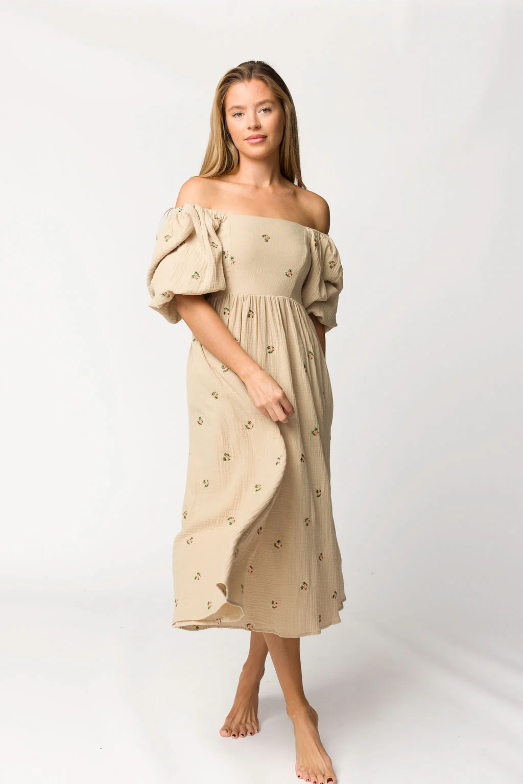 Natalie Embroidered Floral Midi Dress in Taupe - Fashionser