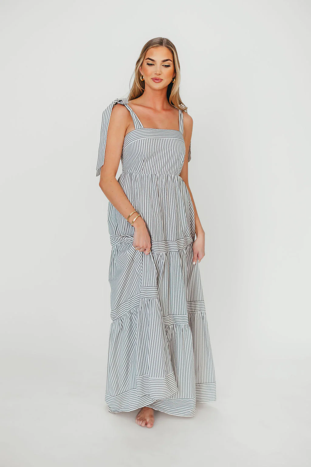 Emma Tie Strap Maxi Dress in Navy Blue Stripe - Fashionser