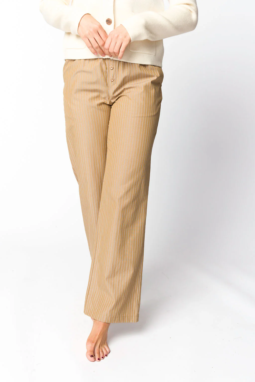 Michelle Striped Pajama Style Pants in Camel - Fashionser