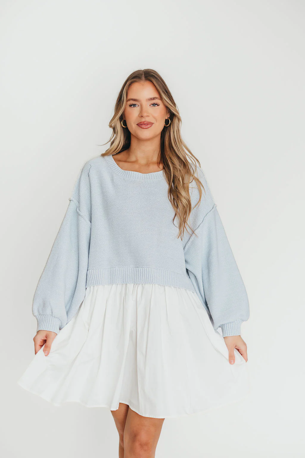 Isabella Combination Mini Dress in Light Blue/White - Fashionser