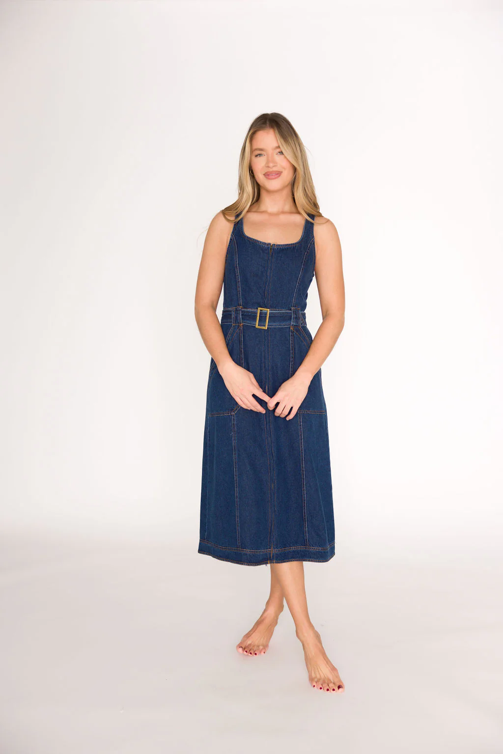 Samantha Belted Midi Dress in Denim - Fashionser