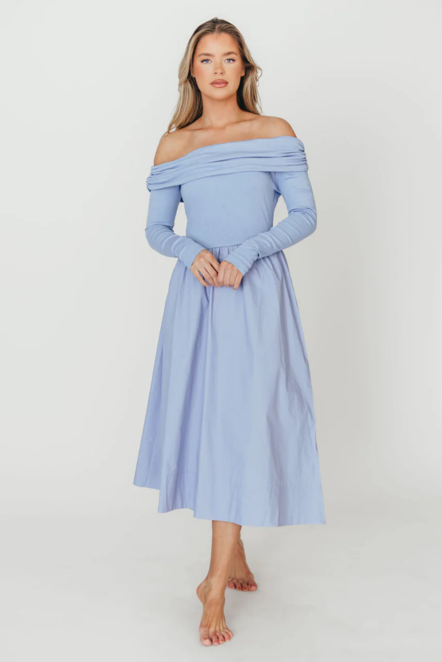 Francis Long Sleeve Off-Shoulder Midi Dress in Blue - Fashionser