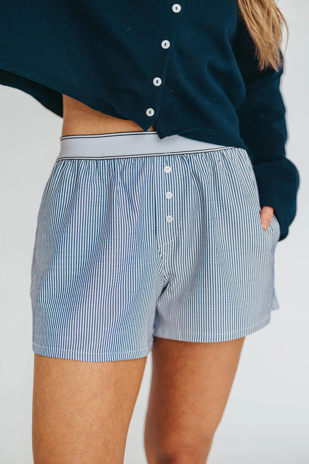 Kya Striped Boxer Short in Ivory/Blue - Fashionser