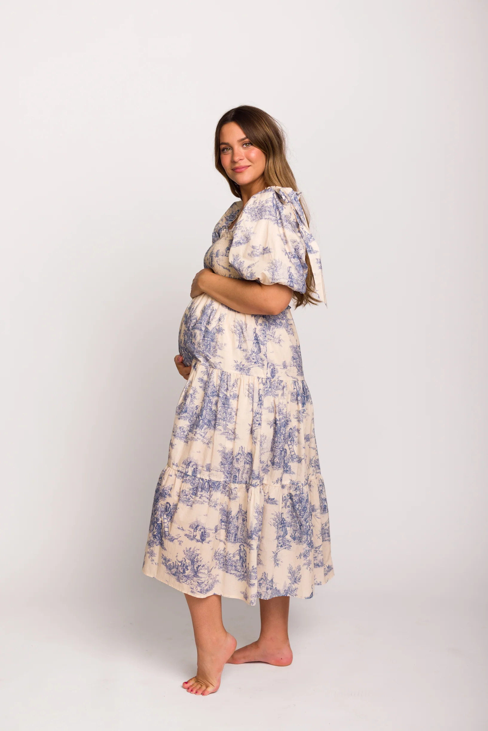 Elena 100% Cotton Toile Print Smocked Midi Dress in Blue - Bump Friendly (Restocking in April) - Fashionser