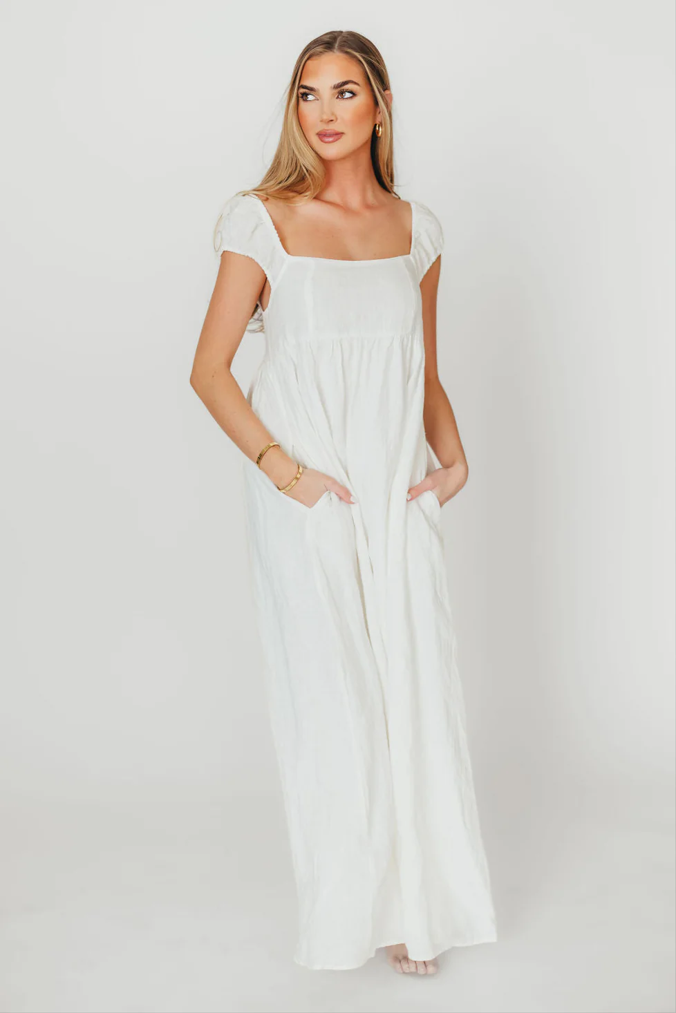 Novella 100% Linen Maxi Dress in Off-White - Bump Friendly - Fashionser